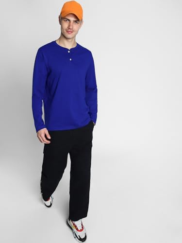 Image of Veirdo Pure Cotton Regular Fit Henley Neck Plain Solid Full Sleeve T-Shirt for Men & Boys (Color Options: Black, Red, Swanwhite, Navy Blue, White, Cork, Green, Maroon, Mustard, Royal Blue)