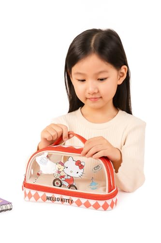 Image of Hello Kitty Cartoon Storage Pen Bag - Large Capacity Transparent Double Layer Portable Stationery Case - Red Pencil Case for Boys & Girls Multifunctional Soft Pouch for School Kids