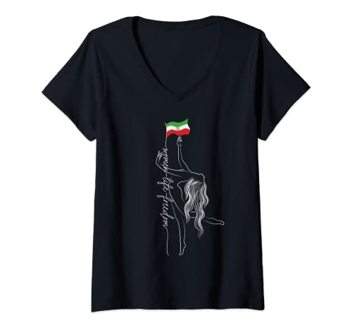 Womens Woman Life Freedom, Iran Flag, Woman Dancing Freely Feminist V-Neck T-Shirt