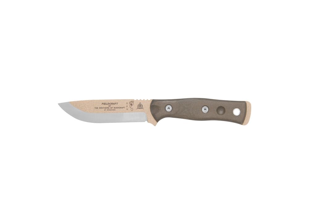 Knives Fieldcraft by Brothers of Bushcraft Full Tage Fixed Blade- Coyote Tan Coating Finish- Coyote Tan Kydex Sheath w/Rotating Spring Steel (Green Canvas Micarta Handle)