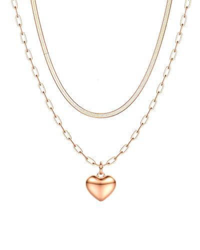 LOLIAS Kette Damen Layered Kette mit Herz Anhänger Rosegold PlatedZarte Mehrreihige Halskette Hypoallergene Schmuckset