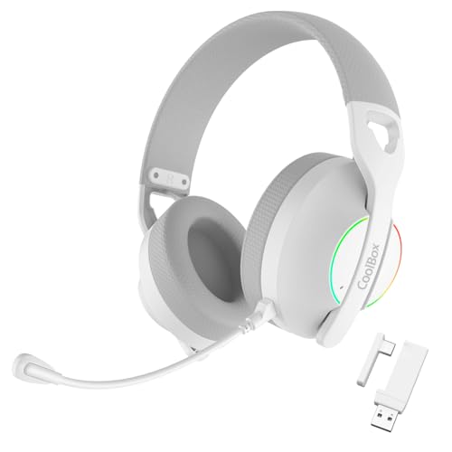 CoolBox WB01 Cascos Gaming Inalambricos con Micrófono Extraíble para PS5, PS4, Switch, PC. Conexión Inalámbrica 2.4GHz con Adaptador USB y Bluetooth 5.4, 20h de Autonomía, Carga USB C en 2h. Blanco