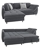 Modernes Ecksofa mit Schlaffunktion 250 x 190 cm, Wellenunterfederung mit Komfortschaum, Longchair Ottomane links, Couch mit Microfaser-Stoff Anthrazit, 2 Zierkissen Grau / 17112