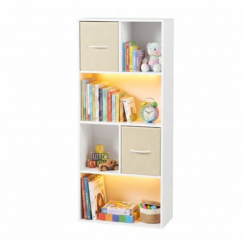 Kinderregal Spielzeugregal mit Boxen,6 Fächern,LED,Kinderzimmer Regal Kinder Bücherregal mit Kinderkommode,Spielzeug Organizer Weiß,Kinderschrank Kinder Kommode Möbel mit 2 schubladen für Kinderzimmer