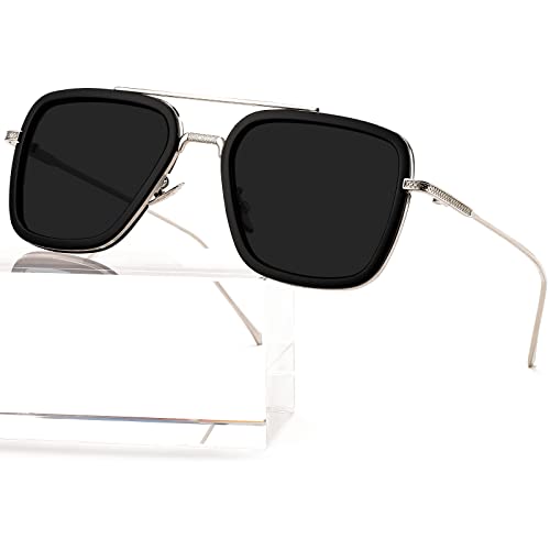 AIEYEZO Tony Stark Sunglasses Vintage Square Metal Frame Eyeglasses for Men Women - Iron Man and Edith Sun Glasses (Silver/Black/Grey)