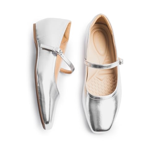 Cusolemore Mary Jane Shoes for Women with Arch Support and Hidden Wedge Heel Silver Flats for Women Comfortable Square Toe Dress Shoes Size 8