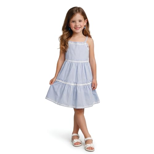Image of The Magic Wand Kids Girls Printed Cotton Summer Dresses, Knee Length Sleeveless Casual Western Stylish One Piece Fit & Flared Frock for Beach & Vacations