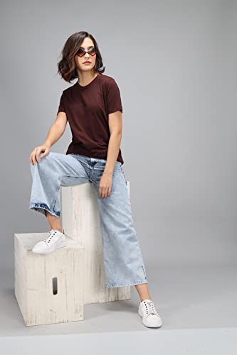Image of SLEEPY NUTS Women Boyfriend Plain Round Neck Half Sleeve T-Shirt