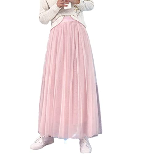 Jupe vintage en tulle femme taille haute élastique rose plissée 44