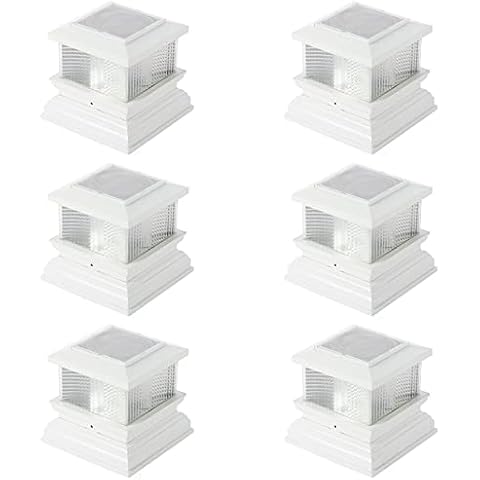 Solar Post Cap Lights Outdoor Waterproof LED Warm White, Fits 4x4 or 5x5 Wooden or Vinyl Posts, Patio, Deck or Garden Decoration - 6 Pack, White Cover