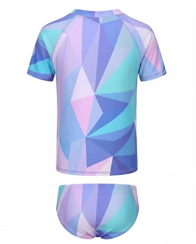 Image of Girls Two Piece Rash Guard Swimsuits Set Short Sleeve Bathing Suit for Kids Hawaiian Swimwear Set 3-16 Years