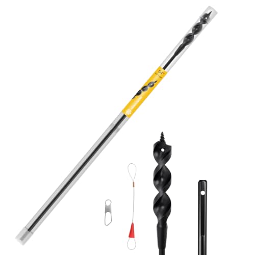 HUAALIUCHE 54" Flexible Installer Drill Bit for Pulling Wires in Walls, Ceilings, and Sidewalks, 3/4" Auger with Screw Point &amp; Fish Eye, 1/4" 3-Flat Shank for Wood &amp; Conduits, Fish Tape Fastener，Tube