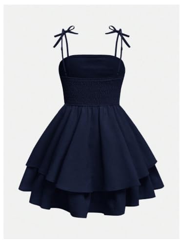 Image of SHENHE Girl's Smocked Ruched A Line Swing Dress Layered Tie Shoulder Flowy Cami Short Dress