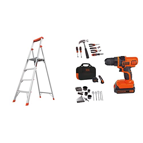 Little Giant Ladder Systems Flip N Lite 6 Foot 300 Pound Capacity Aluminum Lightweight Slim Stepladder Ladder and BLACK+DECKER 20V Max Drill & Home Tool Kit, 68 Piece (LDX120PK)