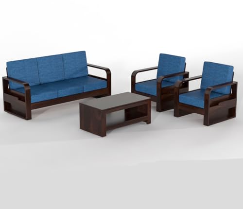 Image of Solid Sheesham Wooden 5 Seater Sofa Set for Living Room | Sofa Set with Side Pocket Storage & Cushion | Rosewood Sofa Set for Home (Walnut with Blue Cushion, 5 Seater)