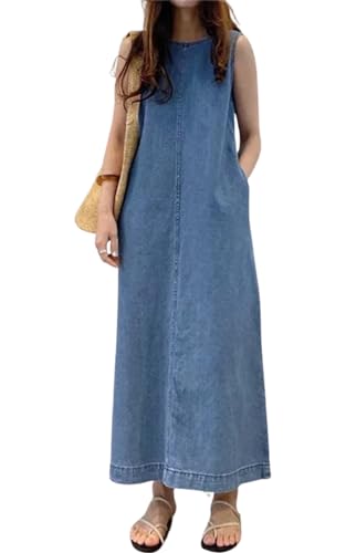 Womens Casual Sleeveless Maxi Denim Dress Crewneck Vintage Loose Long Vest Jean Dress with Pockets2