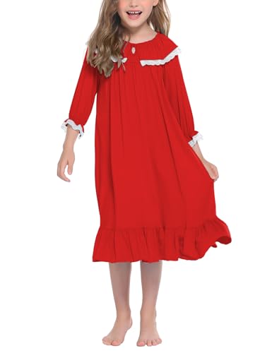 Ekouaer Girls Nightgowns Toddler Pajamas Dress Sleep Nightshirts Princess Soft Sleepwear for Kids Red 10-11 Years