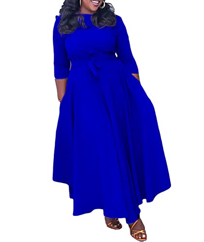 Image of SEMATOMALA Women's A Line Self Tie Waist Maxi Dress Round Neck Long Sleeve High Waist Plus Size Swing Flare Long Dresses