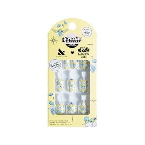 Olive & June Pressies Kids Press-On Nails (No Glue) | Star Wars: The Mandalorian & Grogu | 28 Fake Nails 14 Sizes 1 Nail File | Easy On-Off Mani Non-Toxic Tabs | S/M Round | Grogu Party