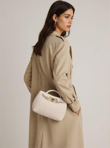 Woven Leather Handbag, Bucket Style Tote with Gold Lock Design, Top Handle Shoulder Bag for Women, Clutch Bag (Light Blue)2