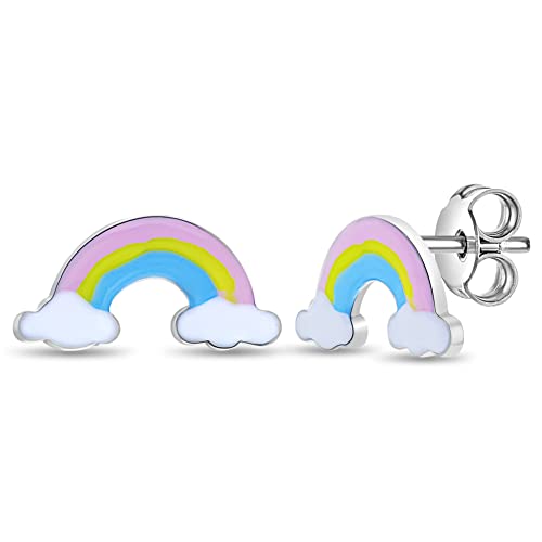 925 Sterling Silver In The Clouds Puffed Enamel Rainbow Standard Push Back Earrings For Little Girls - Sweet Pastel Colored Rainbow Girl Earrings For Girls Birthday - Children's Rainbow Earrings