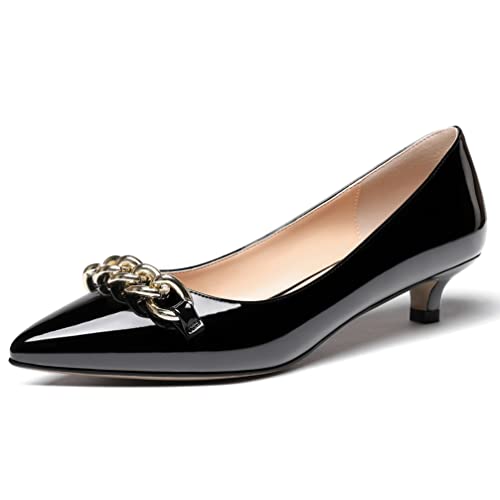 WAYDERNS Women's Pointed Toe Metal Chain Slip On Patent Kitten Low Heel Pumps Shoes 1.5 Inch