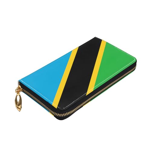TYUMHTanzania Flag Leather long clutch wallet with 12 card slots and 3 full pockets for cash, designed for fashionable women.3