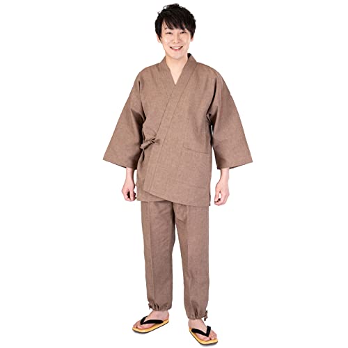 [あい藍] 作務衣 綿麻楊柳 LL 日本製 綿75％ 麻25％ 洗える 涼しい 夏 祭り 花火(LL, 茶)