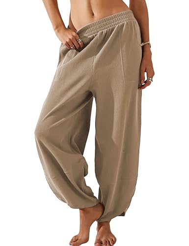 Image of Himosyber Women Cotton Pants Wide Leg Pants Casual Loose Baggy Elastic Waist Beach Palazzo Harem Pants