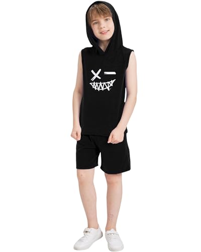 Image of Boys 2PCS Hooded Summer Sleevless Tank Top and Drawstring Elastic Waist Shorts Sport Clothing Sets