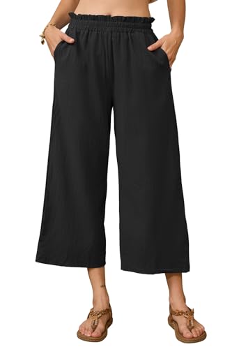 BATHRINS Leinenhose Damen 7/8 Weites Bein Sommerhose Damen Leicht Elegant Leinen Stoffhose Hohe Taille Freizeithose Causal Locker Sommer Hose mit Taschen(Schwarz,L)