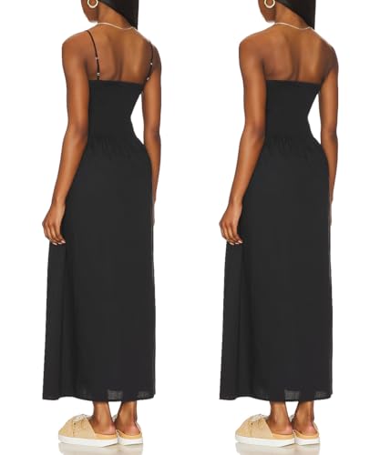 Image of Aigeman Women Detachable Strap Dress Strapless Smocked Bodice Maxi Dress Pockets Long Swing Flowy Beach Sundress 373