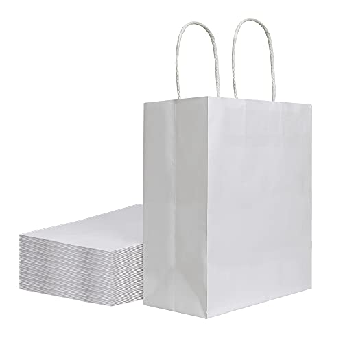 bagmad 50 Pack 8x4.75x10 inch Medium White Kraft Paper Bags with Handles Bulk Gift Bags Craft Grocery Shopping Retail Birthday Party Favors Wedding Sacks Restaurant Takeout Business (50Pcs)