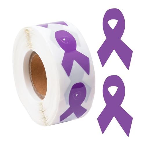 WANDIC 0.75 * 1.28'' Purple Ribbon Awareness Sticker, 500 PCS Lavender Ribbon-Shaped Awareness Stickers Label Roll for Alzheimer's Pancreatic Cancer Awareness