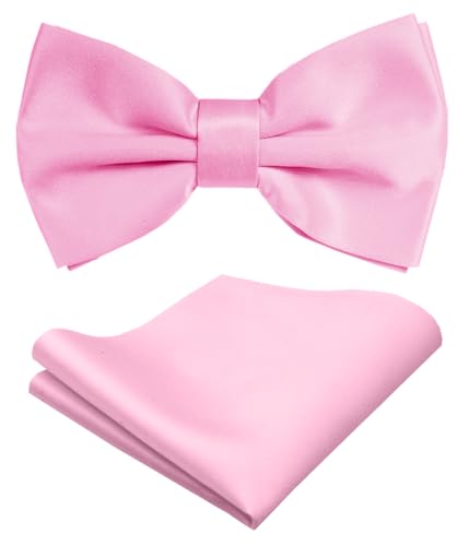 trilece Mens Solid Color Formal Pre Tied Bow Ties and Pocket Square Sets - Mens Bowties Bow Tie Sets (Pink Set)