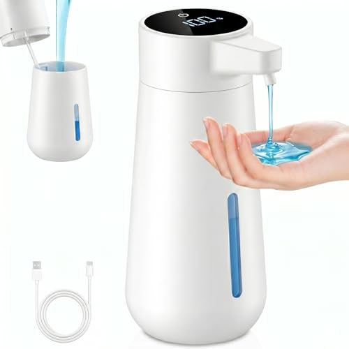 Distributeur de Savon Liquide Automatique, Grande capacité de 450 ML avec Affichage LED, capteur Infrarouge sans Contact, Batterie 1800 mAh, USB, 4 Niveaux...