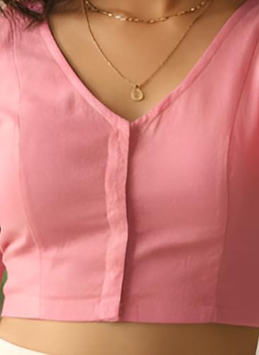 Image of Yash Gallery Women's Stretchable Rayon Lycra V-Neck Short Sleeve Front Open with Hook Stylish Crop Blouse Top for Ethnic Beige Designer Festive Choli Blouse
