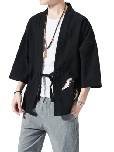 Image of Men's Japanese Kimono Cardigan Loose Cotton Linen 3 /4 Sleeve Open Front Casual Summer Shirt Jackets