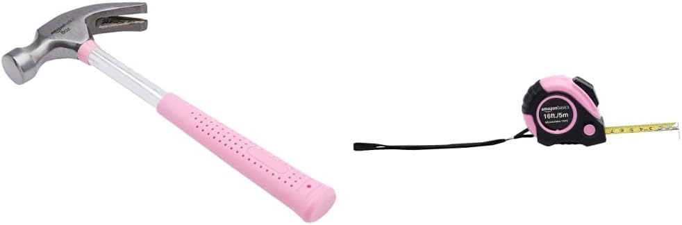 Amazon Basics 8-Ounce Hammer, Pink & Tape Measure - 16 Feet, Pink