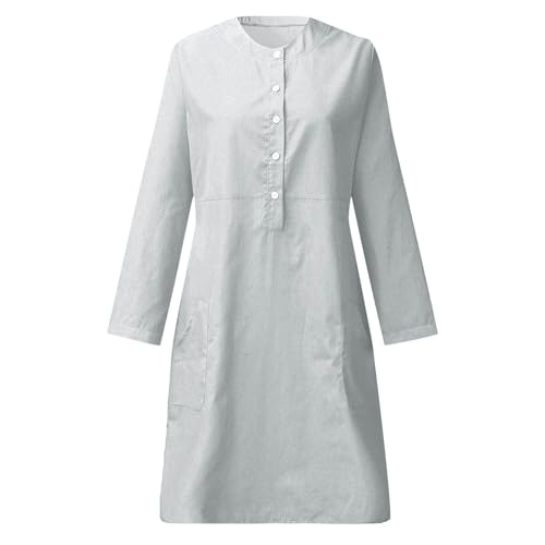 Vestido feminino de linho com gola redonda para mulheres, manga comprida, liso, outono, verão, 2024,