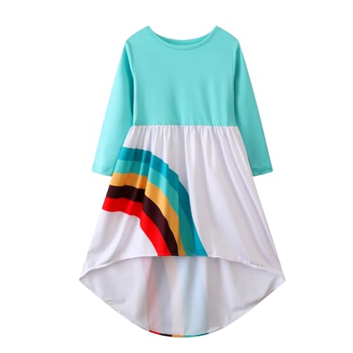 Image of Girl Fall Long Sleeve Dress Christmas Red Rainbow Twirly Skater Midi Party Dress