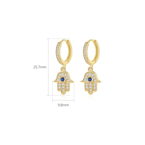 14K Gold Hand of Fatima Hoop and Drop Earrings, Moissanite and Sapphire Evil Eye Earrings for Women2