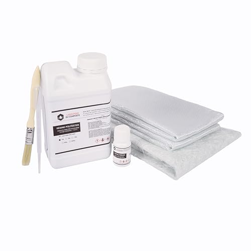 Kit de Résine Polyester 1kg avec 30g de Catalyseur, 1m² de Mat de Verre 300g et Roving 300g - Inclus Pinceau et Pipette - Idéal pour Projets de Réparation...