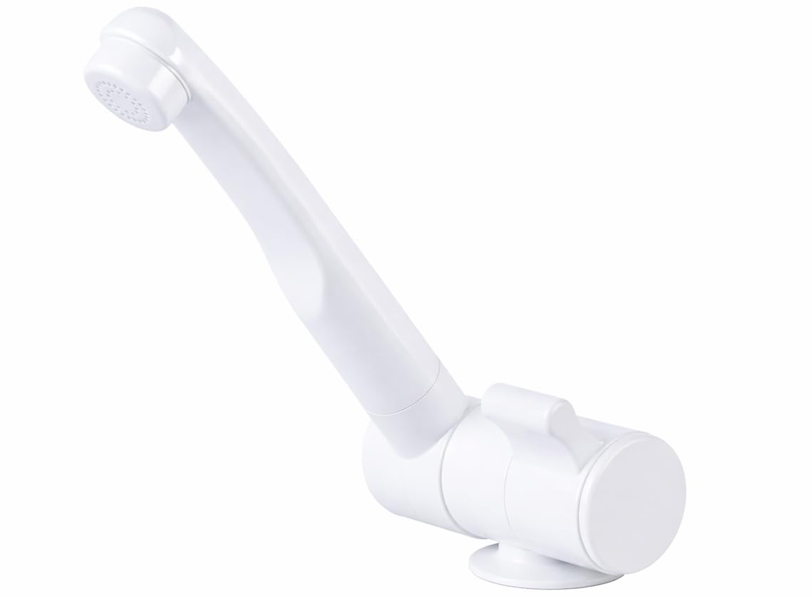 CR-MOESANCO® Grifo 12V Caravana Mezclador Agua Fría y Caliente con 2 Abrazaderas Inox | Grifo Camper Abatible Completo para Furgoneta, Autocaravana y Barco | Altura 4cm, Orificio 27mm, Blanco
