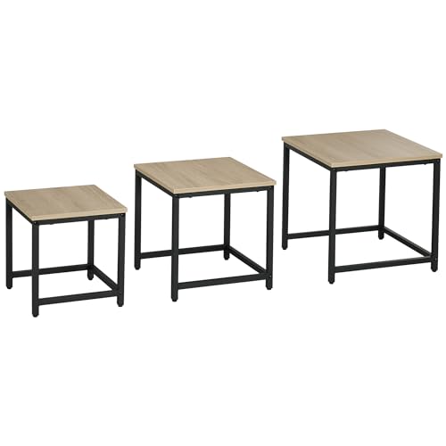 HOMCOM 3er-Set Couchtisch Quadratischer Beistelltisch, Sofatisch mit Stahlrahmen, Kaffeetisch, Satztisch mit Holzoptik, Wohnzimmertisch im Industriedesign, Natur