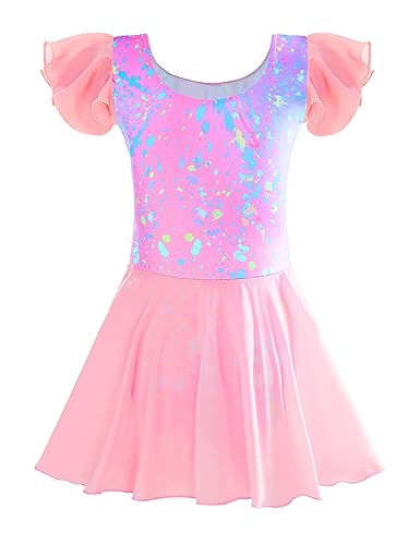 TENVDA Collant de dança para meninas com saias rosa preto vestido de balé infantil camisola babados/