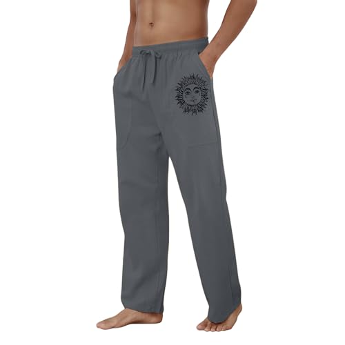 Puimentiua Cotton Linen Pants Men, Summer Beach Pants Loose Fit with Elastic Waist Drawstring