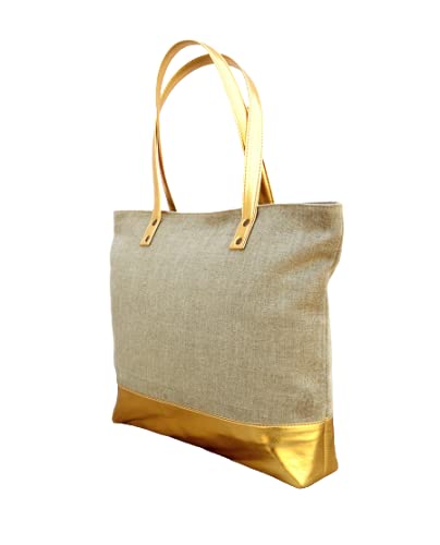 VLiving Bolso de mano de lino y piel sintética, bolsa de uso diario clásica natural, color Dorado, talla Talla única