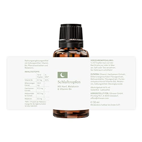 Schlaftropfen mit Melatonin und Hanfsamenextrakt | 100% natürliche Tropfen in Apothekenqualität | Verkürzung der Einschlafzeit | Jetlag Linderung | 30ml