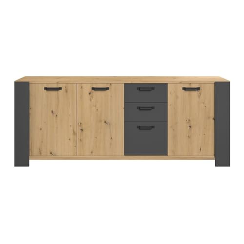 Parisot Travis Enfilade 3 Portes ET 3 TIROIRS Decor CHÊNE ET Gris Ombre